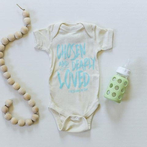 Chosen & Dearly Loved Onesie in Natural w Chill Blue - Treehouse Gift & Home