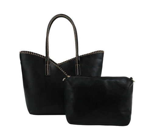 COL001-2 2-in-1 Stitch Trim Detail Shoulder/Tote Set Bag: Brown MiMi Wholesale