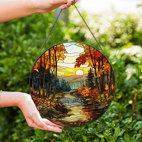 Autumn Forest Stained Glass Suncatcher, Nature Lover Gift: 7.8in NVC Ecommerce LLC