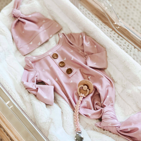 Tiny Hearts in Dusty Pink Newborn Baby Knot Gown & Hat Set Caden Lane