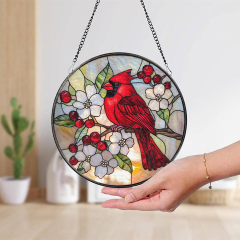 Red Cardinal Suncatcher, Floral & Cardinal Window Art Decor: 6in NVC Ecommerce LLC