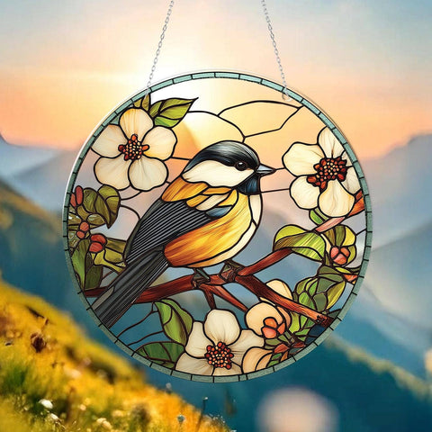 Chickadee Stained Glass Suncatcher, Bird Window Hanging: 6in NVC Ecommerce LLC