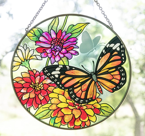 Butterfly Garden Monarch - 4.5" Med. Glass Circle Suncatcher Bridgeton Hall