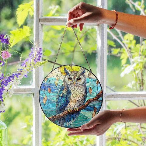 Owl Stained Glass Suncatcher, Bird Window Hanging, Owl Lover: 6in NVC Ecommerce LLC