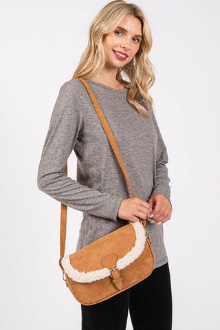 MB0261 Sherpa Trimmed Faux Suede Crossbody Bag: Olive MiMi Wholesale