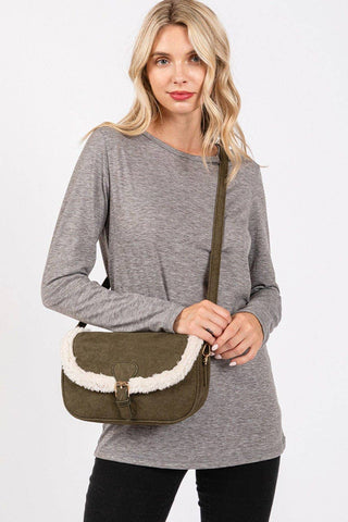 MB0261 Sherpa Trimmed Faux Suede Crossbody Bag: Olive MiMi Wholesale