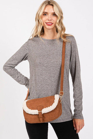 MB0261 Sherpa Trimmed Faux Suede Crossbody Bag: Camel MiMi Wholesale