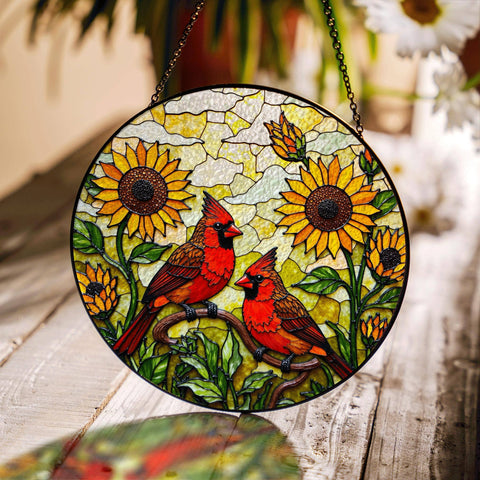 Cardinal birds and sunflowers Suncatcher, Window Decor: 6in NVC Ecommerce LLC