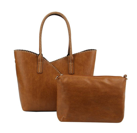 COL001-2 2-in-1 Stitch Trim Detail Shoulder/Tote Set Bag: Brown MiMi Wholesale