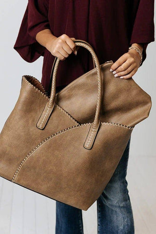 COL001-2 2-in-1 Stitch Trim Detail Shoulder/Tote Set Bag: Brown MiMi Wholesale