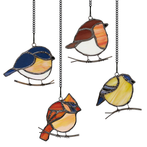 4.5"H Bird Quartet Stained Glass Window Panel Set River of Goods