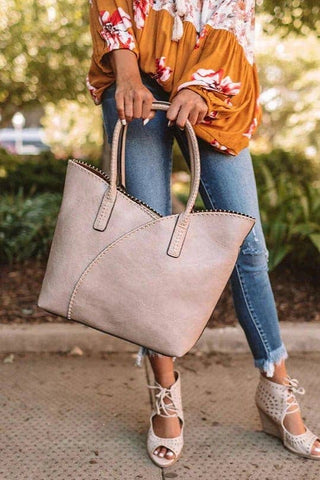 COL001-2 2-in-1 Stitch Trim Detail Shoulder/Tote Set Bag: Brown MiMi Wholesale