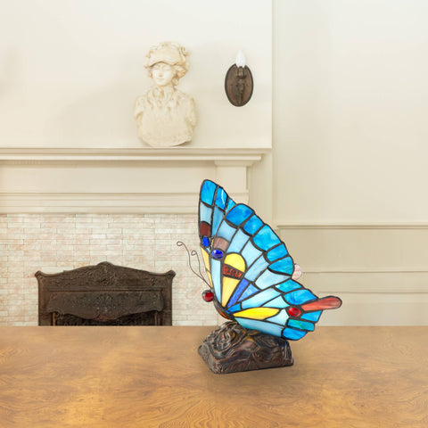 9"H Kiara Blue Butterfly Stained Glass Accent Lamp River of Goods