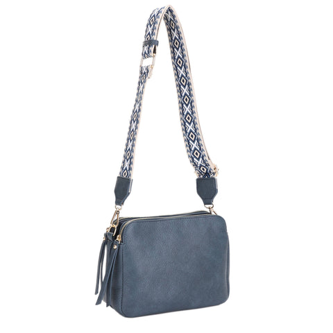 EJ60197 Mila 3 Compartment Crossbody Bag With Guitar Strap: Brown MiMi Wholesale