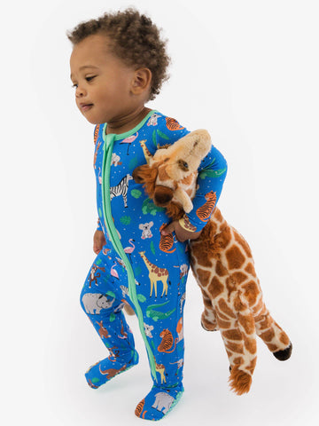 SoftSnooze™ Baby Bamboo Viscose Zoo Crew Footed One Piece Pajama
: Blue / 0-3m RuffleButts + RuggedButts