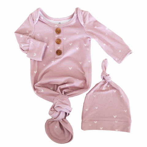 Tiny Hearts in Dusty Pink Newborn Baby Knot Gown & Hat Set Caden Lane