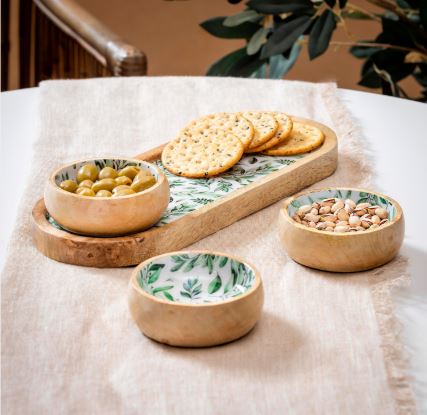 Olive Oasis 3-Section Wood Server with Bowls, 13"L Evergreen Enterprises