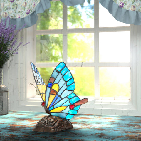 9"H Kiara Blue Butterfly Stained Glass Accent Lamp River of Goods