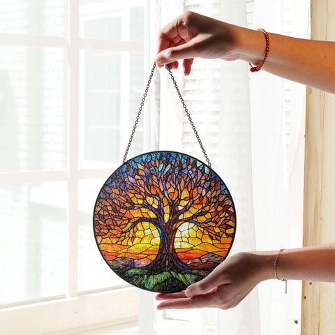 Tree of Life Stained Glass Suncatcher, Autumn Fall Decor : 7.8in NVC Ecommerce LLC