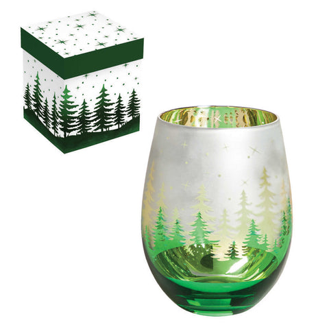 18oz Stemless Glass with Ion Plating and Etched Decoration, Green, Trees Evergreen Enterprises