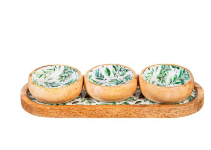 Olive Oasis 3-Section Wood Server with Bowls, 13"L Evergreen Enterprises