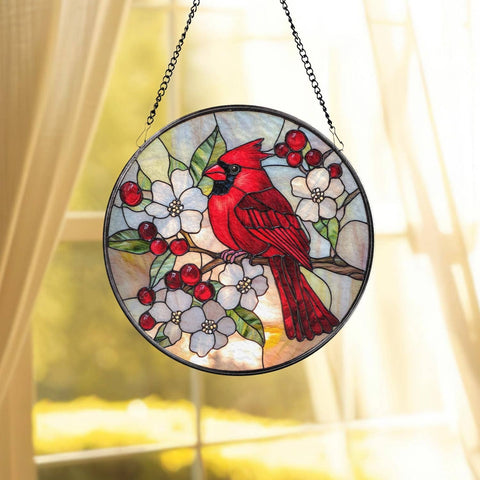 Red Cardinal Suncatcher, Floral & Cardinal Window Art Decor: 6in NVC Ecommerce LLC