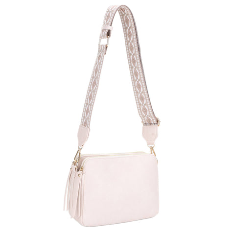EJ60197 Mila 3 Compartment Crossbody Bag With Guitar Strap: Ivory MiMi Wholesale