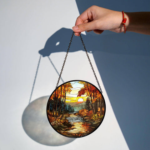 Autumn Forest Stained Glass Suncatcher, Nature Lover Gift: 7.8in NVC Ecommerce LLC