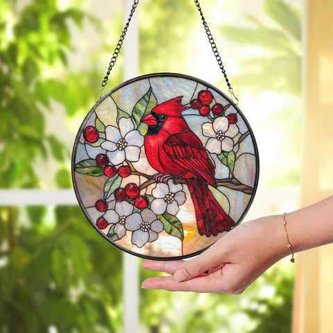 Red Cardinal Suncatcher, Floral & Cardinal Window Art Decor: 6in NVC Ecommerce LLC