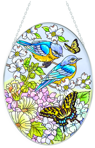 Blue Skies, Bluebirds - 7" x 5.5" Med. Glass Oval Suncatcher Bridgeton Hall
