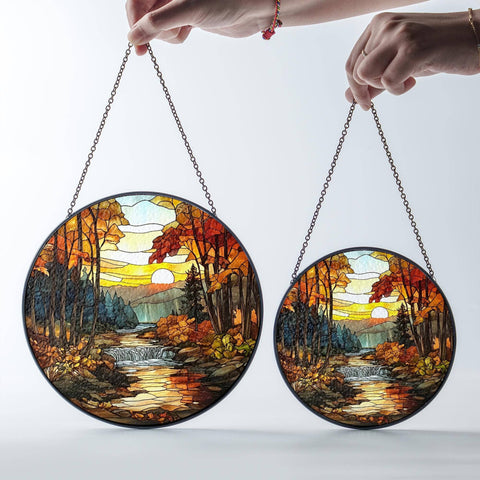 Autumn Forest Stained Glass Suncatcher, Nature Lover Gift: 7.8in NVC Ecommerce LLC