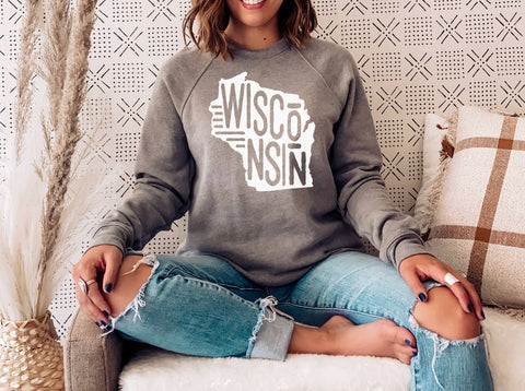 Wisconsin State Graphic Sweatshirt: Gray / Large / Crewneck Autumn Rose Co.