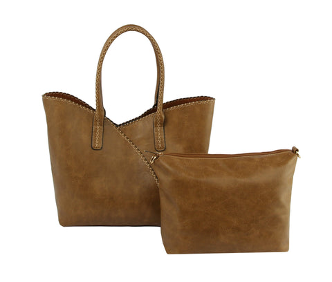 COL001-2 2-in-1 Stitch Trim Detail Shoulder/Tote Set Bag: Brown MiMi Wholesale