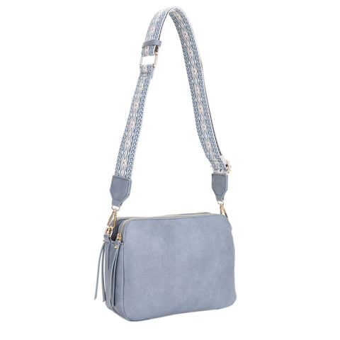 EJ60197 Mila 3 Compartment Crossbody Bag With Guitar Strap: Brown MiMi Wholesale