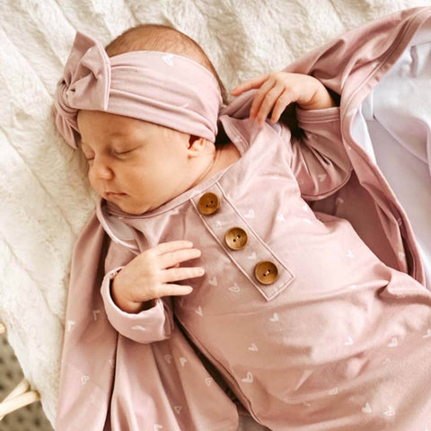 Tiny Hearts in Dusty Pink Newborn Baby Knot Gown & Hat Set Caden Lane