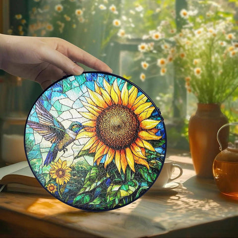 Hummingbird Stained Glass Suncatcher, Sunflower Art: 7.8in NVC Ecommerce LLC