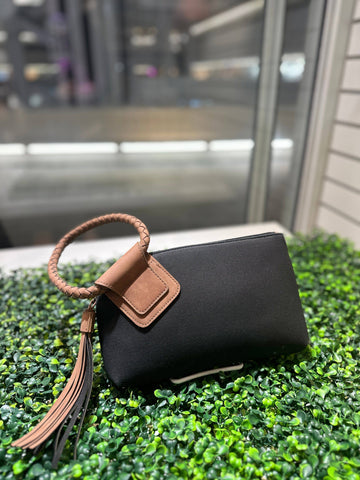 BP204SU Faux Suede Cuff Handle Tassel Wristlet/Clutch: Beige Tan MiMi Wholesale