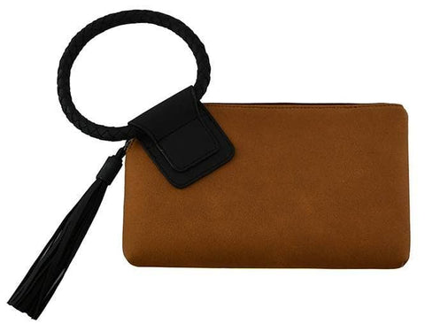 BP204SU Faux Suede Cuff Handle Tassel Wristlet/Clutch: Beige Tan MiMi Wholesale