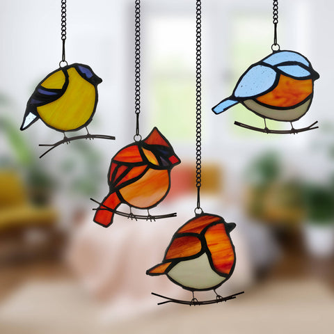 4.5"H Bird Quartet Stained Glass Window Panel Set River of Goods