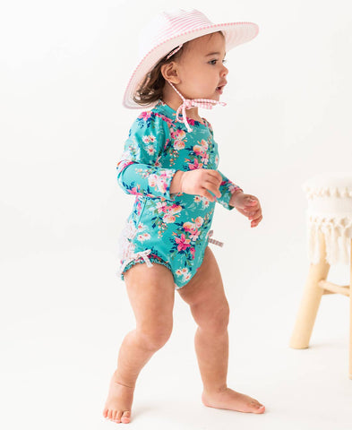 Baby Girls Fancy Me Floral Long Sleeve One Piece Rash Guard Swimsuit with Signature Rear Ruffles
: Blue / 6-12m RuffleButts + RuggedButts