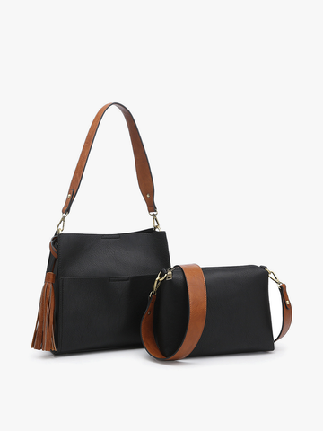 M1867 Lyla 2-in-1 Bucket Bag w/ Guitar Strap: Black/Brown Jen & Co.
