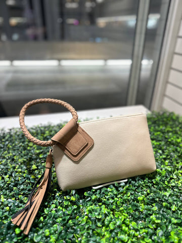 BP204SU Faux Suede Cuff Handle Tassel Wristlet/Clutch: Beige Tan MiMi Wholesale