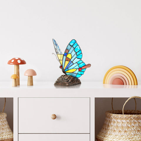 9"H Kiara Blue Butterfly Stained Glass Accent Lamp River of Goods