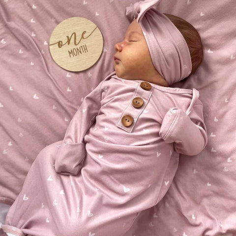Tiny Hearts in Dusty Pink Newborn Baby Knot Gown & Hat Set Caden Lane