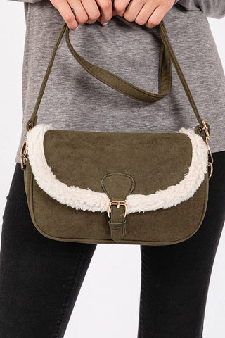 MB0261 Sherpa Trimmed Faux Suede Crossbody Bag: Camel MiMi Wholesale