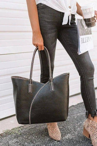 COL001-2 2-in-1 Stitch Trim Detail Shoulder/Tote Set Bag: Brown MiMi Wholesale