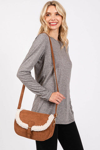 MB0261 Sherpa Trimmed Faux Suede Crossbody Bag: Camel MiMi Wholesale