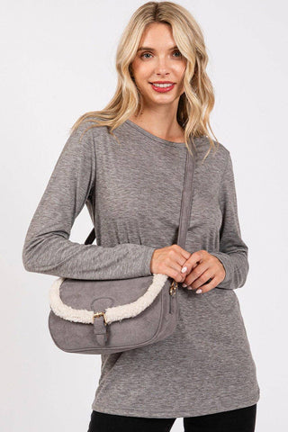 MB0261 Sherpa Trimmed Faux Suede Crossbody Bag: Olive MiMi Wholesale