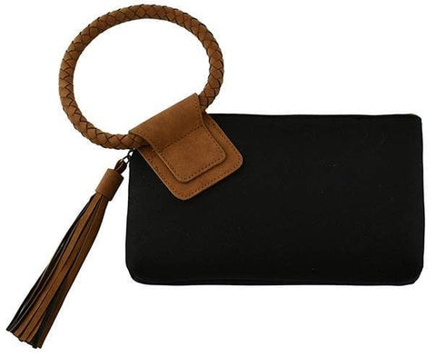 BP204SU Faux Suede Cuff Handle Tassel Wristlet/Clutch: Beige Tan MiMi Wholesale