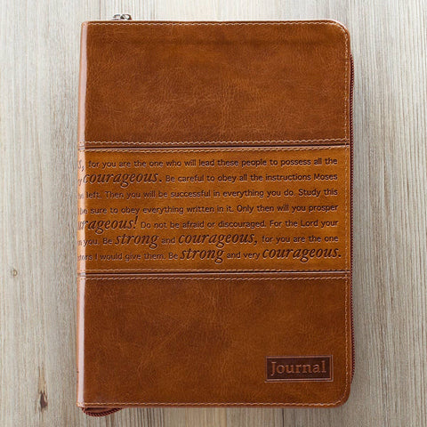 Journal Classic Zip Brown Two-tone Strong & Courageous Christian Art Gifts